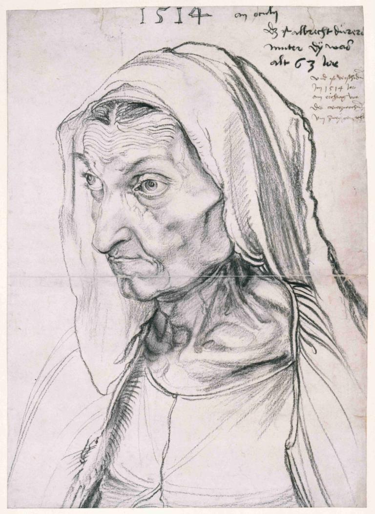 Barbara Dürer, the artist’s mother,Albrecht Dürer,Sketch,Sketch, old, solo, monochrome, 1boy, male focus