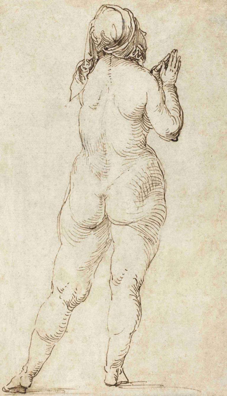 Female Nude Praying,Nøgen kvinde beder,Albrecht Dürer,Skitse,Skitse, 1 pige, solo, monokrom, røv, bagfra