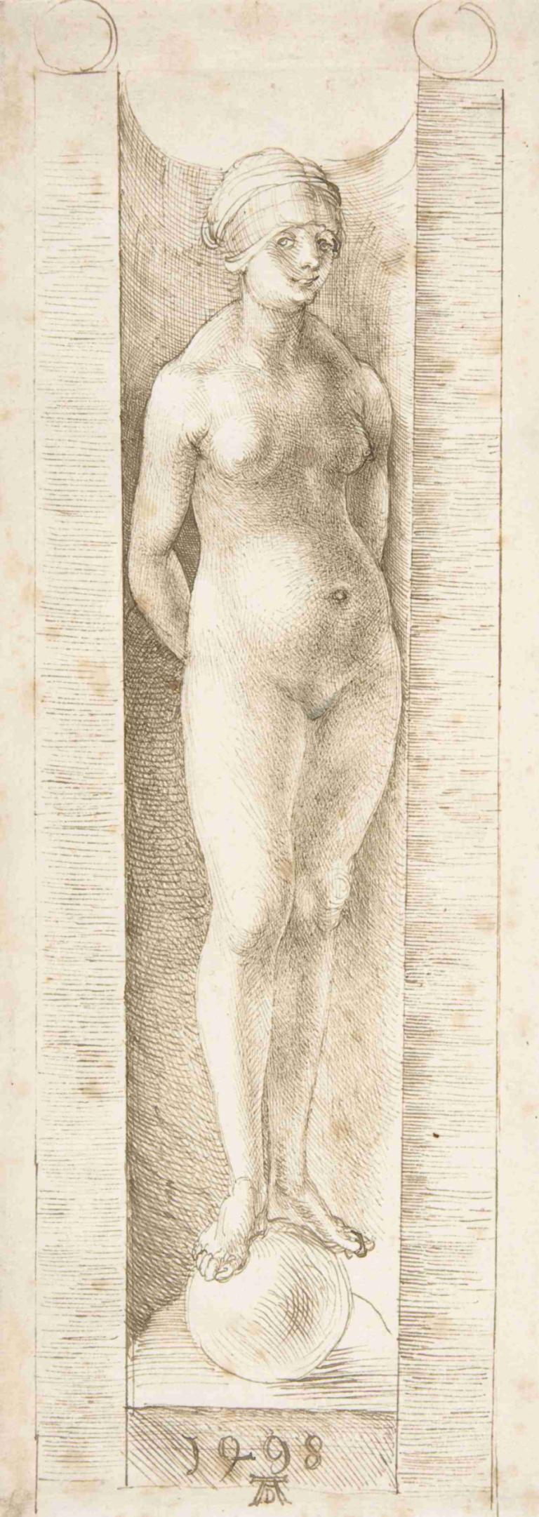 Fortuna in a Niche,Albrecht Dürer,Sketch,Sketch, 1girl, solo, monochrome, nude, arms behind back, breasts