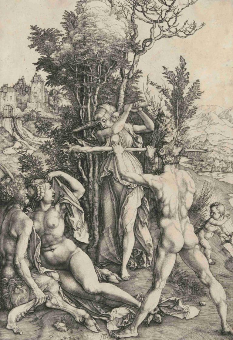 Hercules at the Crossroads,교차로에서의 헤라클레스,Albrecht Dürer,알브레히트 뒤러,동판 에칭,동판 에칭, 여러 여자, 나귀, 미술 패러디, 가슴, 나무, 나체상