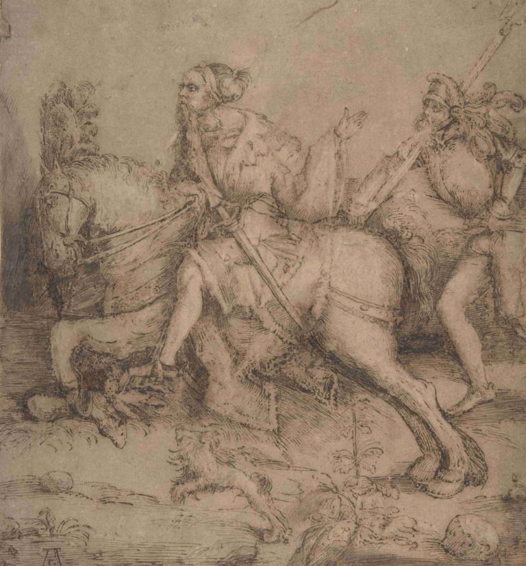 Knight on Horseback and Landsknecht,Rytíř na koni a Landsknecht,Albrecht Dürer,Náčrt,Náčrt, zbraň, kůň