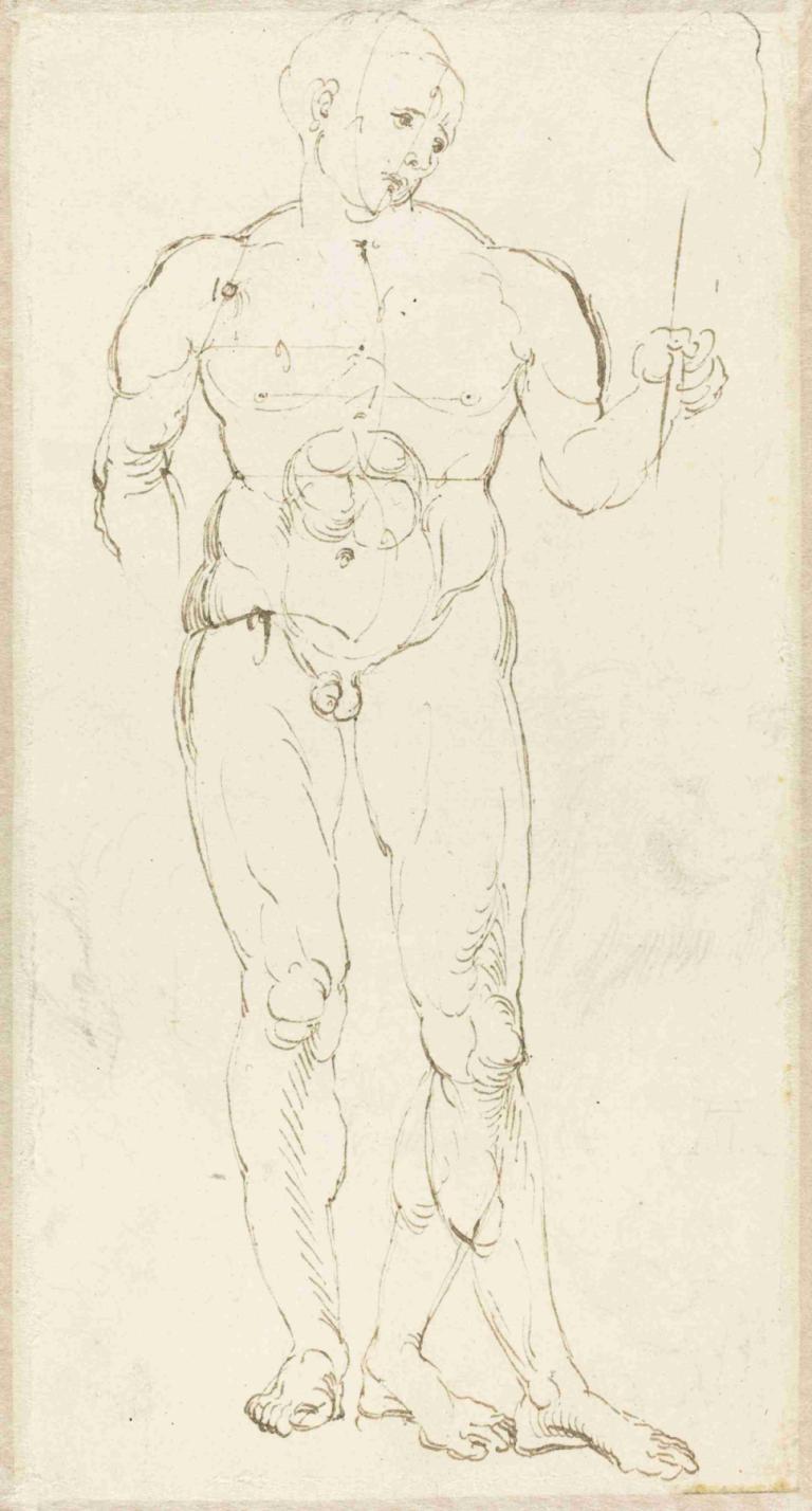 Male Nude Holding a Mirror (recto),Mužský akt držící zrcadlo (recto),Albrecht Dürer,Náčrt,Náčrt