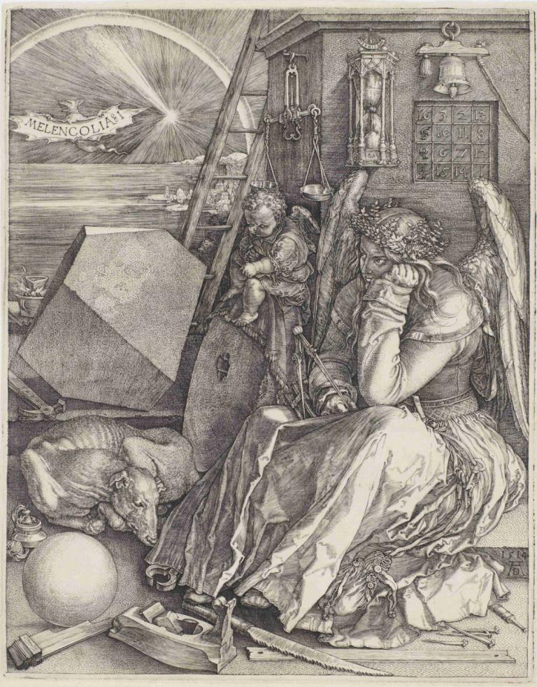 Melencolia I,멜렌콜리아 I,Albrecht Dürer,알브레히트 뒤러,동판 에칭,동판 에칭, 단색화, 여러 소년, 날개, 2소년, 전통 미디어, 흑연 (중), 좌석, 그레이스케일