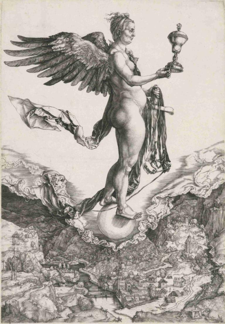 Nemesis,네메시스,Albrecht Dürer,알브레히트 뒤러,동판 에칭,동판 에칭, 단색화, 날개, 독주, 나체상, 전통 미디어, 나귀, 흑연 (중), 여자 1명, 깃털 달린 날개