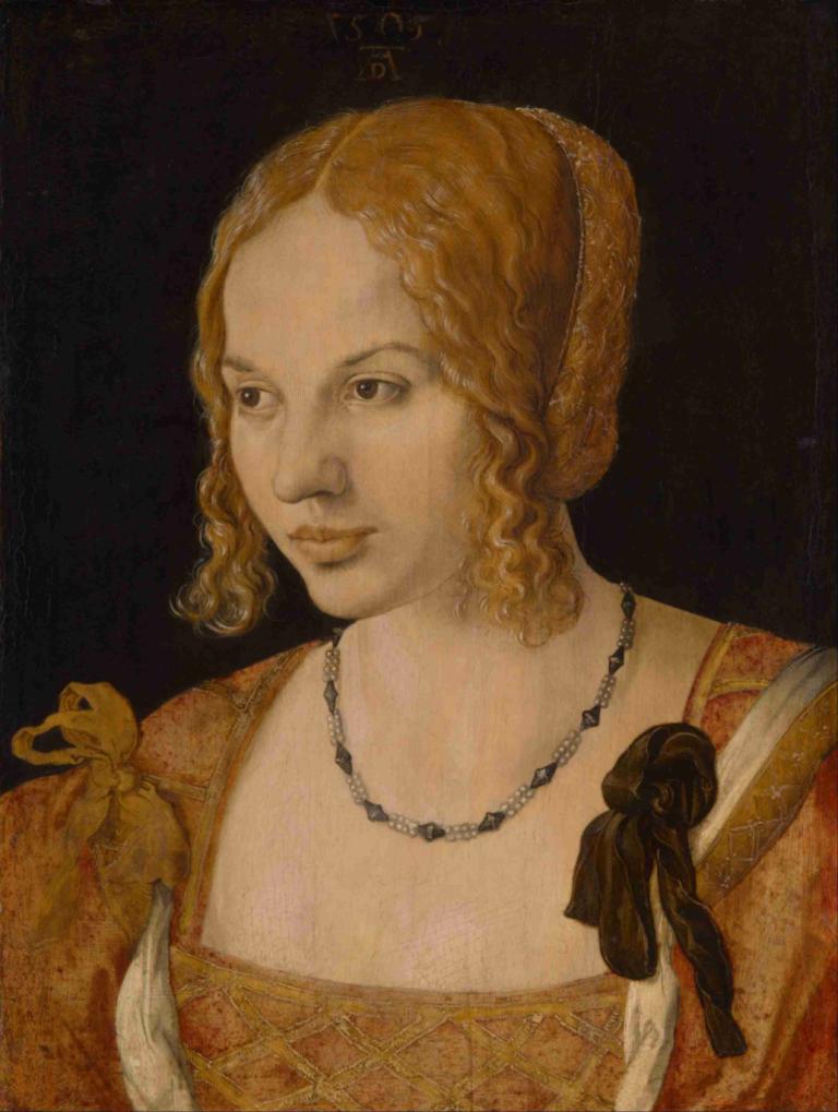 Portrait Of A Young Venetian Woman,젊은 베네치아 여성의 초상화,Albrecht Dürer,알브레히트 뒤러,오일 페인팅,오일 페인팅, 여자 1명, 독주, 보석류, 목걸이