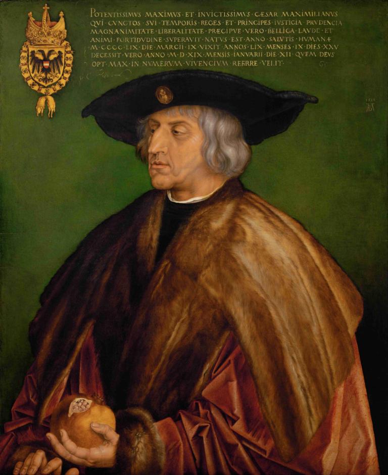 Portrait Of Maximilian I,막시밀리안 1세의 초상,Albrecht Dürer,알브레히트 뒤러,오일 페인팅,오일 페인팅, 독주, 1남, 모자, 남성 집중, 오래된, 보유, 과일