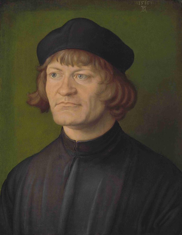 Portrait of a Clergyman Johann Dorsch,성직자 요한 도르쉬의 초상화,Albrecht Dürer,알브레히트 뒤러,오일 페인팅,오일 페인팅, 독주, 모자, 녹색 배경