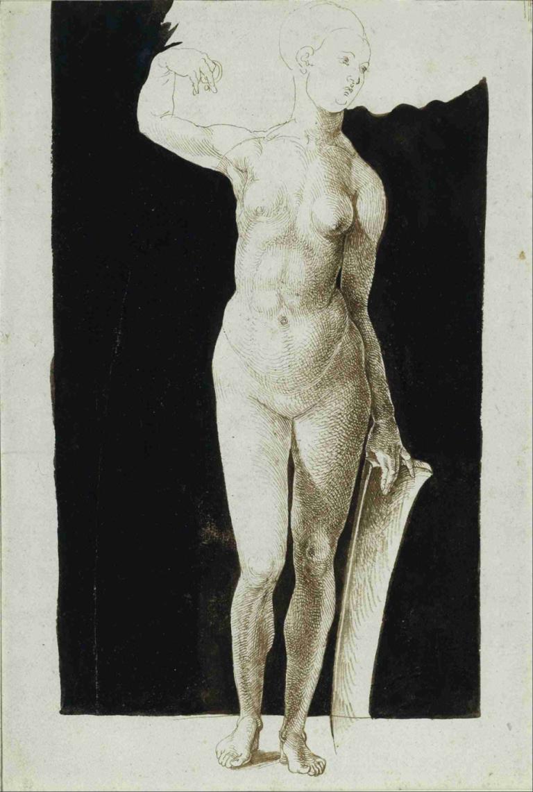 Proportion study of female nude with a shield,방패를 든 여성 누드의 비율 연구,Albrecht Dürer,알브레히트 뒤러,일러스트레이션,일러스트레이션, 독주