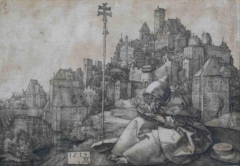 Saint Anthony,세인트 안토니,Albrecht Dürer,알브레히트 뒤러,스케치,스케치, 단색화, 여자 1명, 독주, 좌석, 후드, 건물, 도시, 전통 미디어