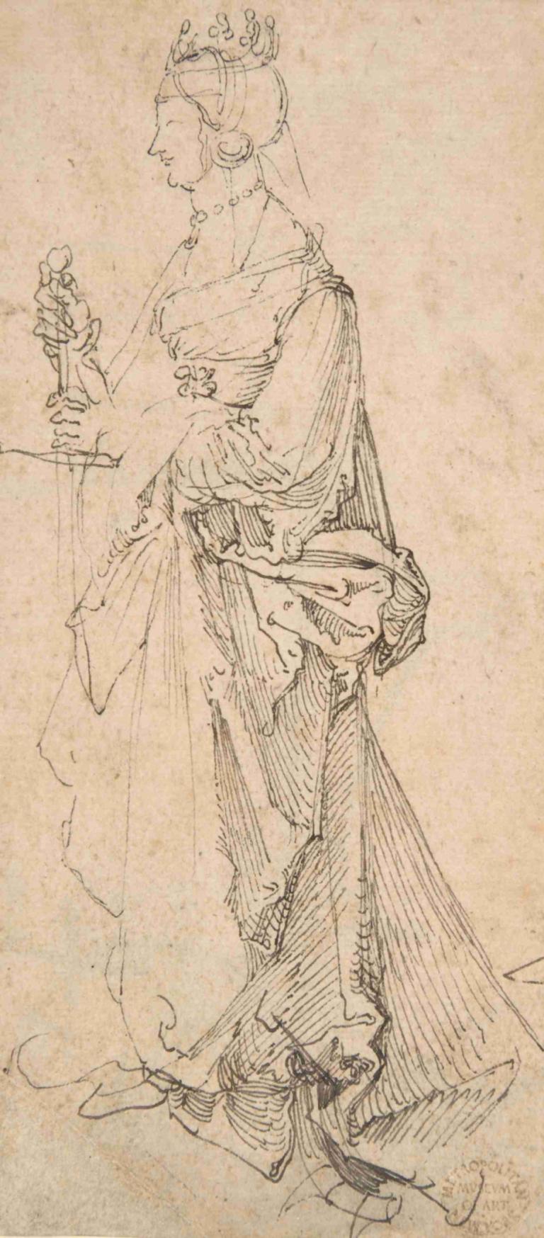 Saint Catherine of Alexandria,알렉산드리아의 성 캐서린,Albrecht Dürer,알브레히트 뒤러,스케치,스케치, 여자 1명, 무기, 검, 단색화, 드레스, 독주, 스케치