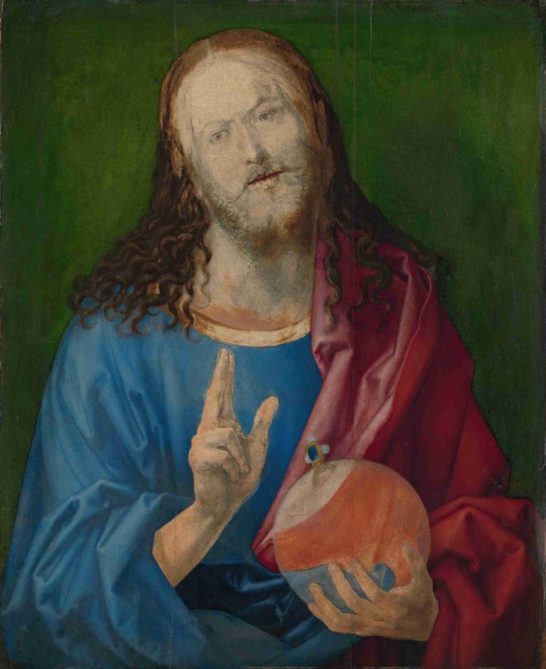 Salvator Mundi,살바토르 문디,Albrecht Dürer,알브레히트 뒤러,오일 페인팅,오일 페인팅, 1남, 남성 집중, 독주, 얼굴 털, 갈색 머리, 긴 머리, 수염, 미술 패러디