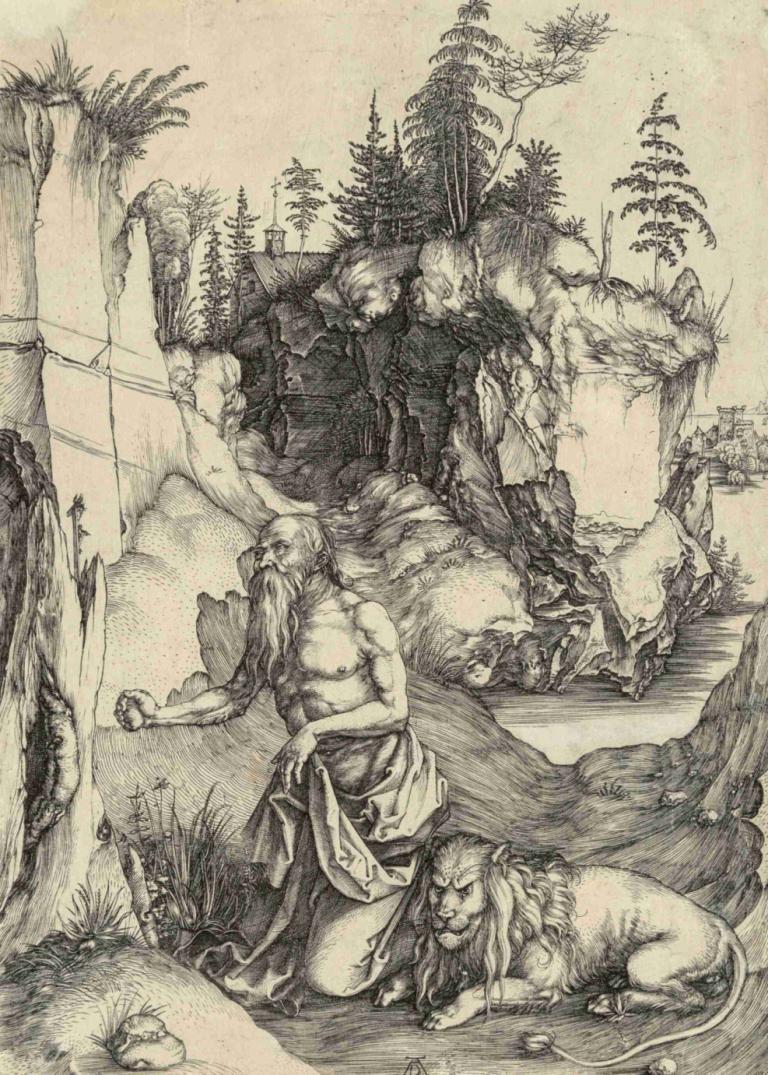 St. Jerome in penitence,Santo Yerome dalam pertobatan,Albrecht Dürer,Sketsa,Sketsa, satu warna, pohon