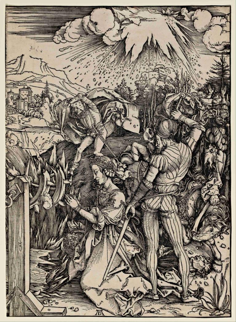 The Martyrdom of St. Catherine of Alexandria,亚历山大的圣凯瑟琳殉难,Albrecht Dürer,阿尔布雷希特-丢勒,铜版画,铜版画, 单色, 武器, 保持, 持有武器