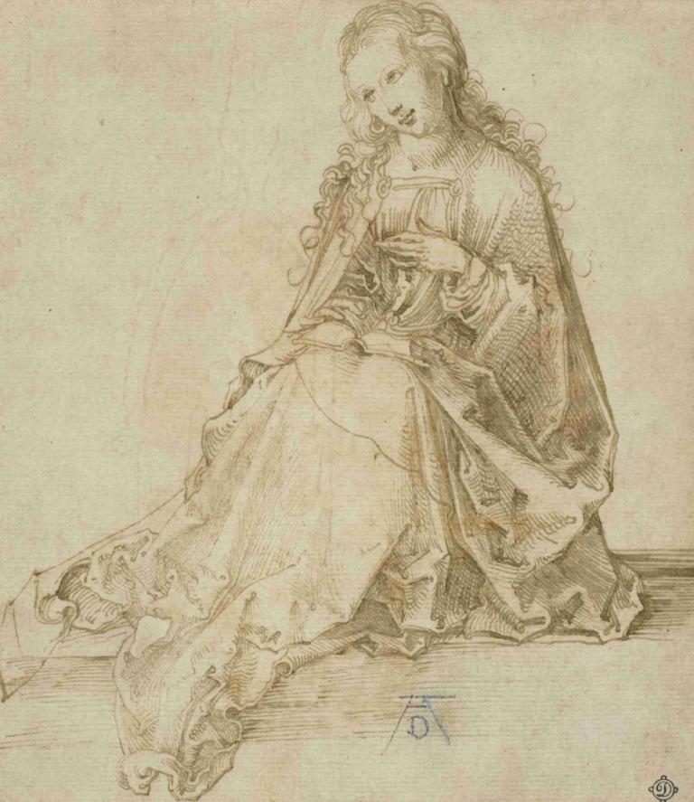 The Virgin Annunciate,Η Virgin Annunciate,Albrecht Dürer,Σκίτσο,Σκίτσο, μονοφωνία, 1 κορίτσι, φόρεμα