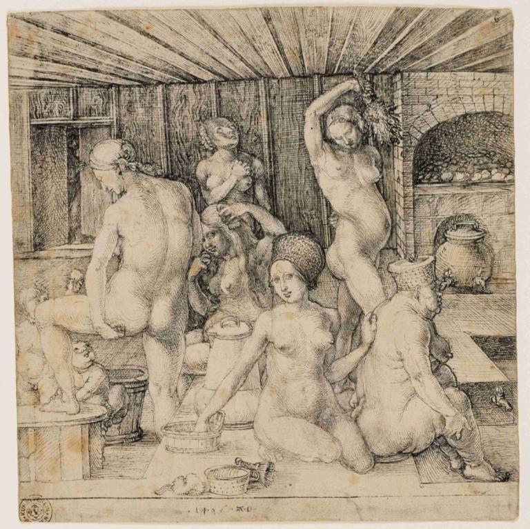 The Women’s Bath,Το μπάνιο των γυναικών,Albrecht Dürer,Χαλκογραφία,Χαλκογραφία, πολλά κορίτσια, μονόχρωμος