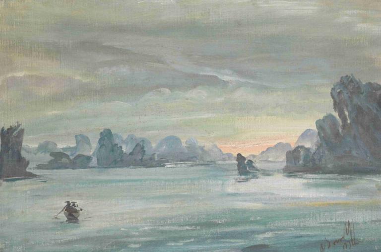 Ha Long Bay, Vietnam,Alexander Evgenievich Yakovlev,Oil Painting,Oil Painting, scenery, watercraft, boat