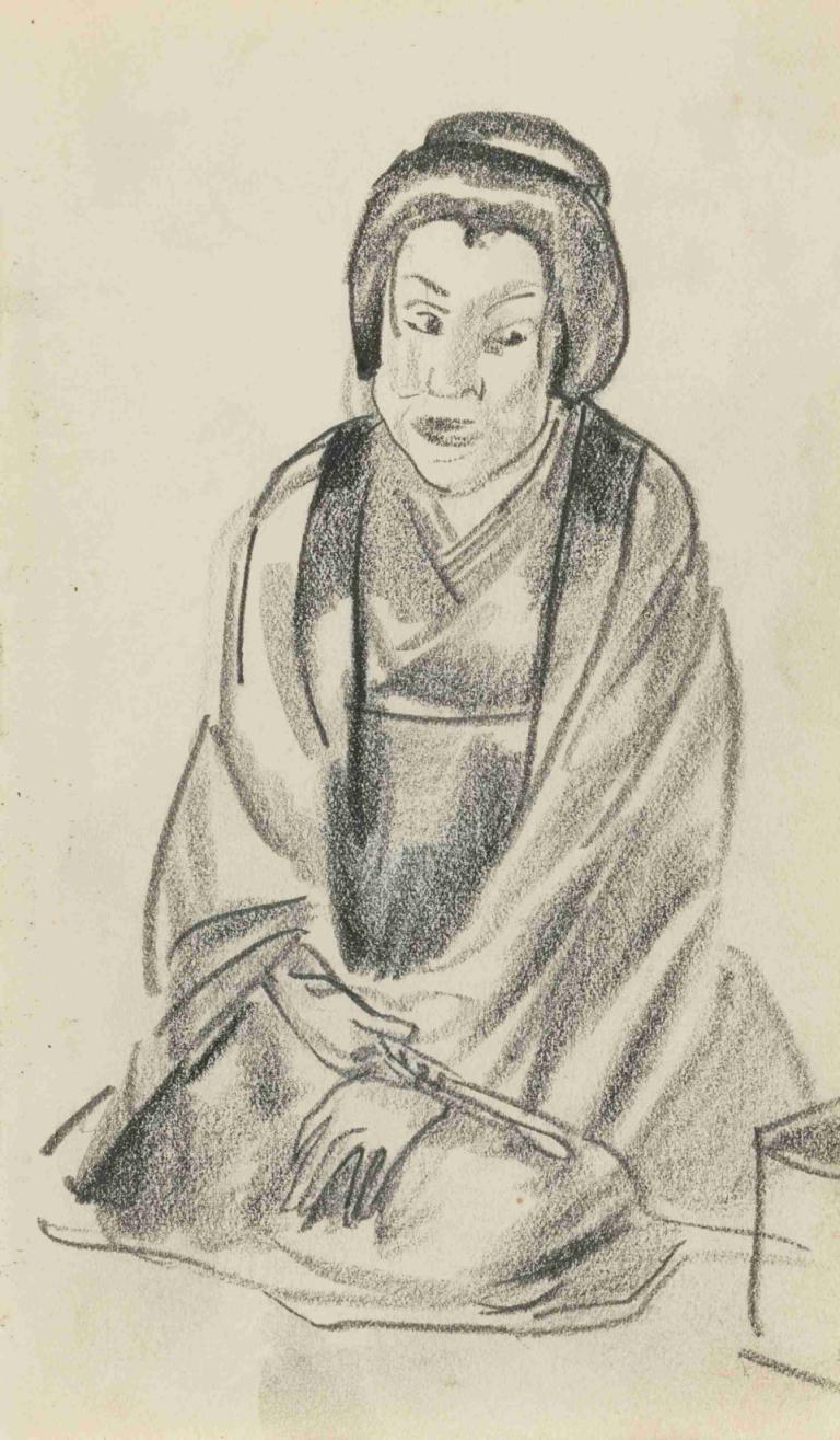 Japanese Figure,Alexander Evgenievich Yakovlev,Sketch,Sketch, solo, monochrome, 1girl, traditional media