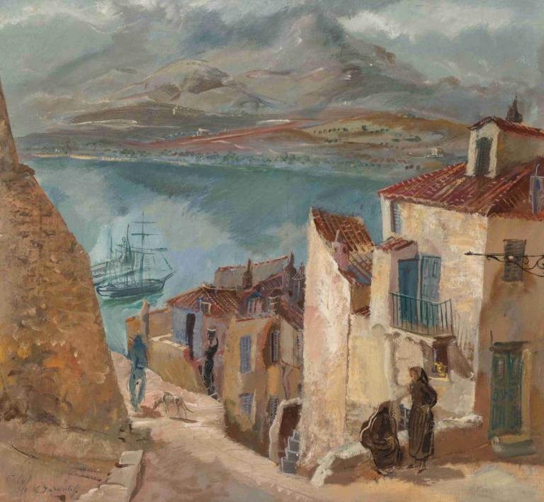 Le port de Calvi,卡尔维港,Alexander Evgenievich Yakovlev,亚历山大-叶甫盖尼耶维奇-雅科夫列夫,油画,油画, 风景, 户外, 船只, 云, 天空, 建筑, 传统媒体