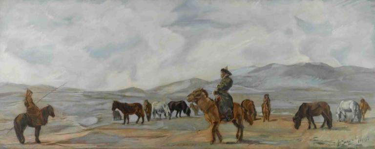 Mongolian Horsemen,蒙古骑兵,Alexander Evgenievich Yakovlev,亚历山大-叶甫盖尼耶维奇-雅科夫列夫,油画,油画, 户外, 马, 云, 骑术, 动物, 天空, 骑马