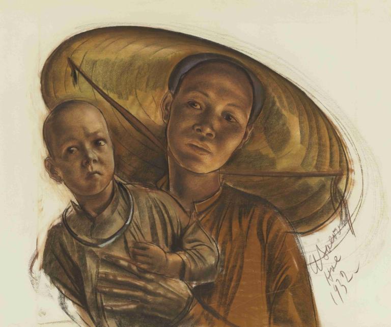 Mother And Child,母与子,Alexander Evgenievich Yakovlev,亚历山大-叶甫盖尼耶维奇-雅科夫列夫,插画,插画, 实际的, 多个男孩, 2个男孩, 男性焦点, 帽子, 签名