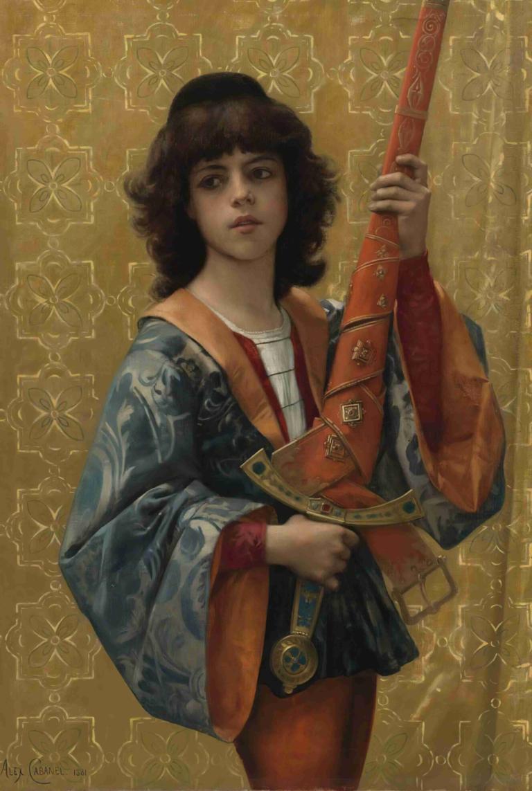 A Page,Alexandre Cabanel,Oil Painting,Oil Painting, 1girl, solo, weapon, realistic, holding, brown hair