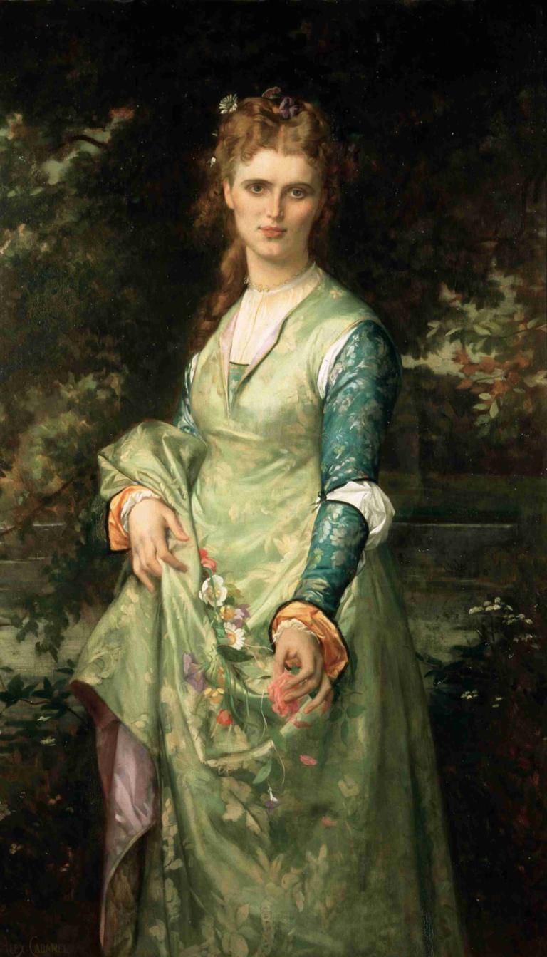 Christina Nilsson,Alexandre Cabanel,Oil Painting,Oil Painting, 1girl, solo, dress, brown hair, flower