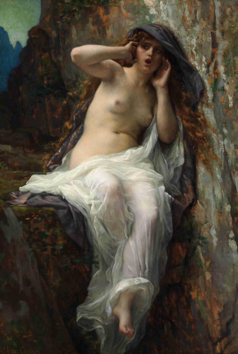 Echo,回波,Alexandre Cabanel,亞歷山大·卡巴內爾,油畫,油畫, 美術模仿, 1個女孩, 獨奏, 乳頭, 乳房, 長髮, 赤腳, 臍, 實際的, 棕色的頭髮, 戲仿, 坐著, 假傳統媒體, 透視