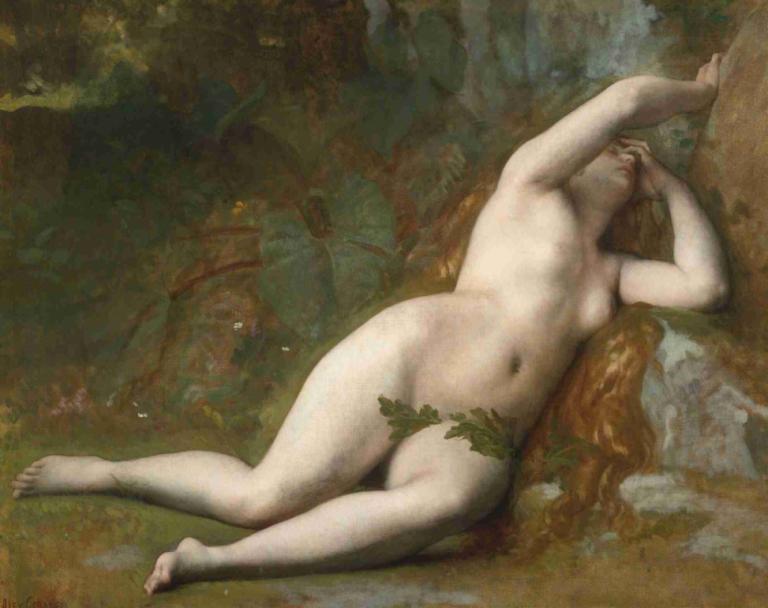 Eve After The Fall,Alexandre Cabanel,Oil Painting,Oil Painting, 1girl, fine art parody, solo, nude, navel