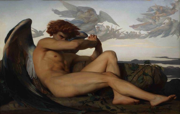 Fallen Angel,Alexandre Cabanel,Oil Painting,Oil Painting, wings, nude, fine art parody, 1boy, male focus