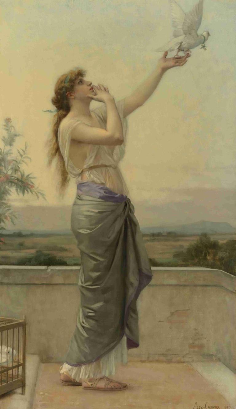 Love's Messenger,Alexandre Cabanel,Oil Painting,Oil Painting, 1girl, bird, long hair, fine art parody