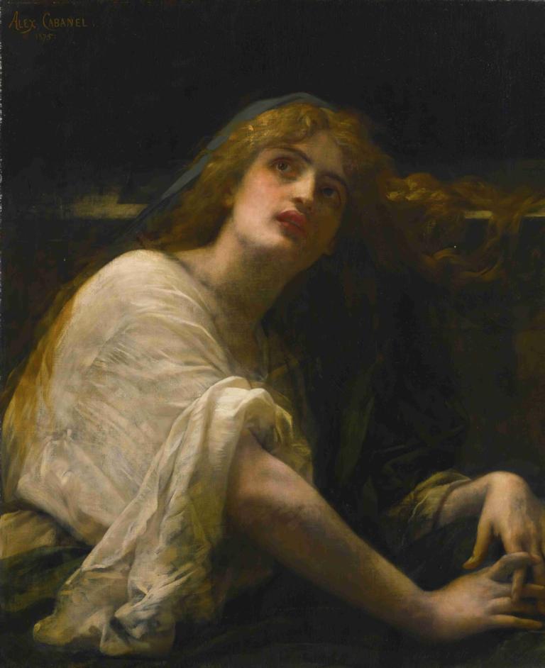 Mary Magdalene At The Tomb,墳墓前的抹大藍馬利亞,Alexandre Cabanel,亞歷山大·卡巴內爾,油畫,油畫, 1個女孩, 美術模仿, 獨奏, 金髮, 長髮, 實際的, 假傳統媒體