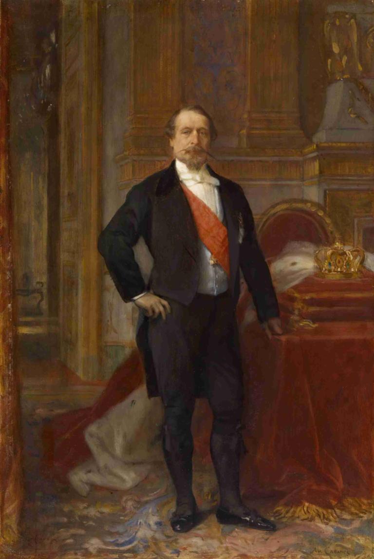 Napoleon III,拿破侖三世,Alexandre Cabanel,亞歷山大·卡巴內爾,油畫,油畫, 1男孩, 男性焦點, 獨奏, 鬍子, 常設, 褲子, 黑色鞋類, 正式的, 手放在臀部, 在室內, 地毯