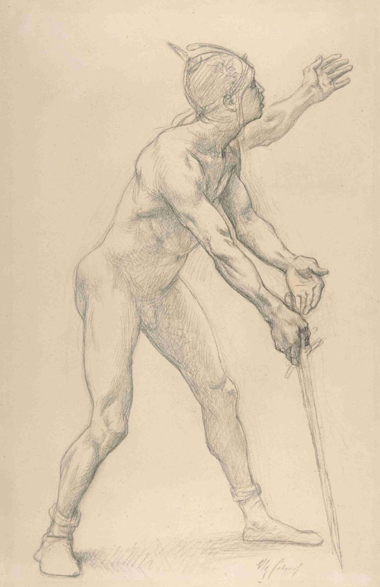 Nude Male Figure with a Sword,Sosok Pria Telanjang dengan Pedang,Alexandre Cabanel,Sketsa,Sketsa, solo