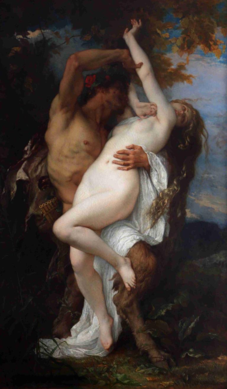 Nymph Abducted by a Faun,被牧神綁架的仙女,Alexandre Cabanel,亞歷山大·卡巴內爾,油畫,油畫, 美術模仿, 1個女孩, 裸體, 赤腳, 1男孩, 長髮, 戲仿, 乳頭, 乳房