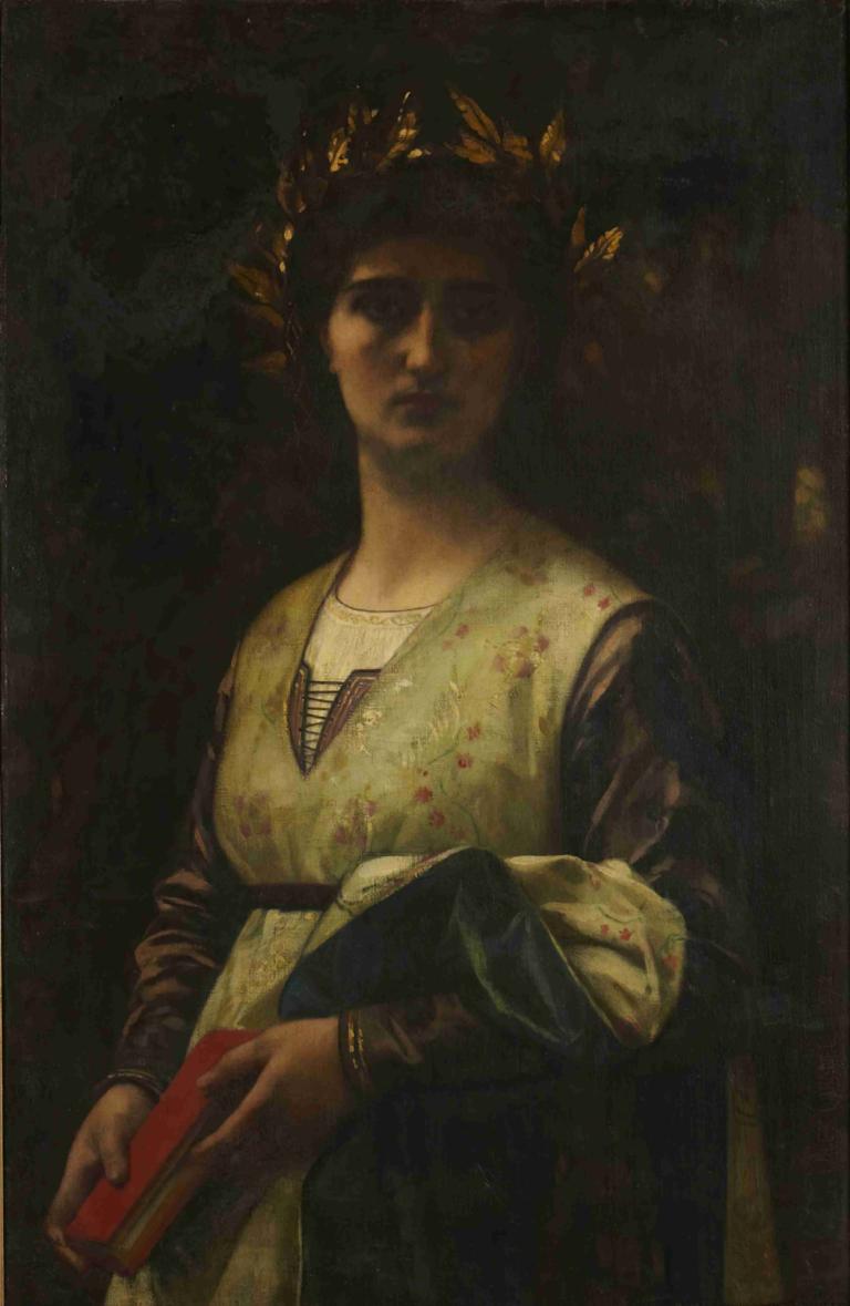 Petrarch's Laura,彼特拉克的蘿拉,Alexandre Cabanel,亞歷山大·卡巴內爾,油畫,油畫, 獨奏, 1個女孩, 珠寶, 保持, 項鍊, 裙子, 實際的