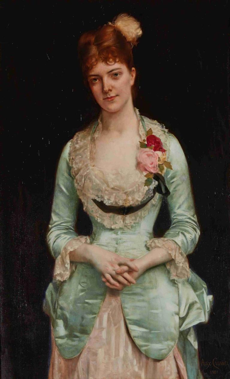 Portrait Of Miss Matthews,马修斯小姐肖像,Alexandre Cabanel,亚历山大-卡瓦内尔,油画,油画, 1个女孩, 独奏, 裙子, 花, 棕色的头发, 自己双手合在一起, 黑色背景