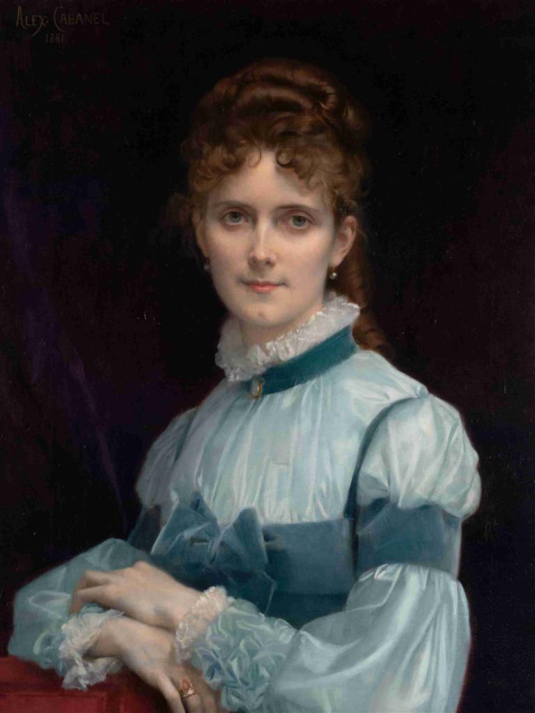 Portrait of Miss Fanny Clapp,范妮-克莱普小姐肖像,Alexandre Cabanel,亚历山大-卡瓦内尔,油画,油画, 1个女孩, 珠宝, 独奏, 棕色的头发, 耳环, 戒指, 实际的