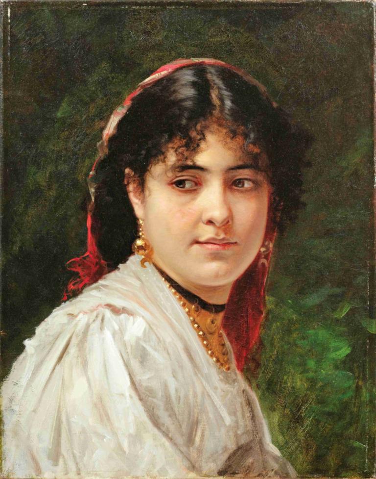 Portrait of a young italian woman,意大利年轻女性肖像,Alexandre Cabanel,亚历山大-卡瓦内尔,油画,油画, 独奏, 黑发, 珠宝, 美术模仿, 黑眼睛, 1个女孩