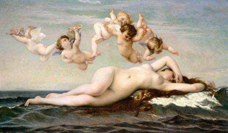 The Birth of Venus,维纳斯的诞生,Alexandre Cabanel,亚历山大-卡瓦内尔,油画,油画, 美术模仿, 乳房, 戏仿, 裸体, 棕色的头发, 多个女孩, 乳头, 脐, 实际的, 长发, 水