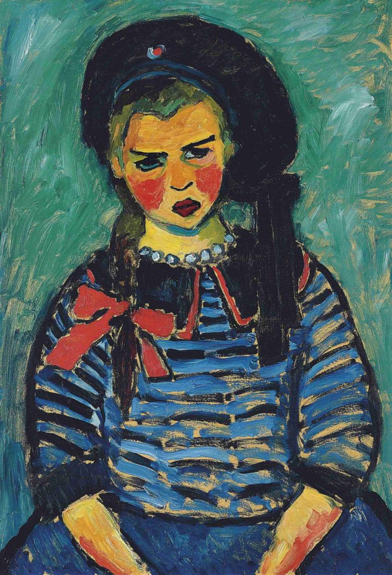 Girl With Red Ribbon,Flicka med rött band,Alexej von Jawlensky,Oljemålning,Oljemålning, solo, randig tröja