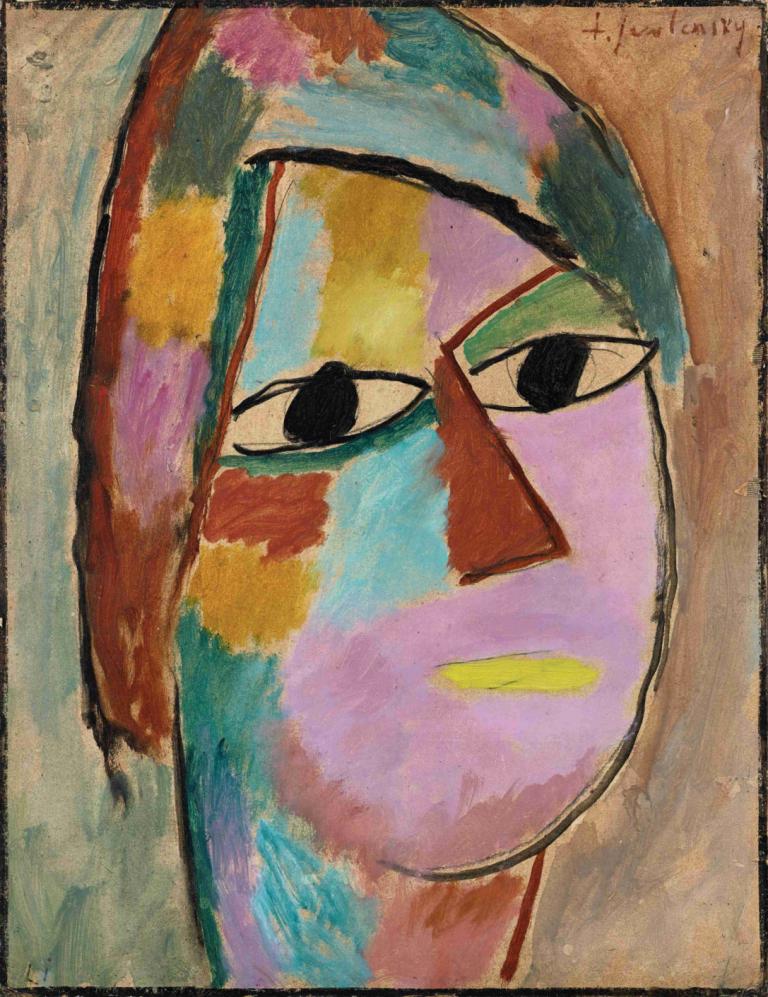 Mystical head,Mystisk hode,Alexej von Jawlensky,Alexei von Jawlensky,Oljemaleri,Oljemaleri, svarte øyne