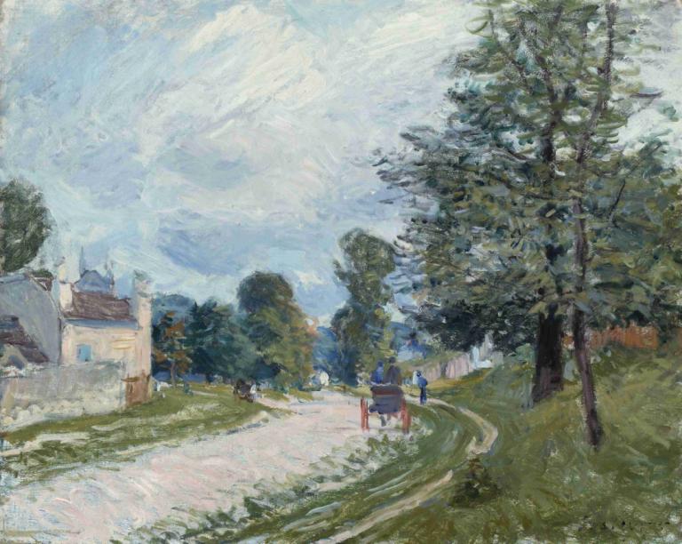 A Turn in the Road,Alfred Sisley,Oil Painting,Oil Painting, tree, outdoors, scenery, traditional media, cloud