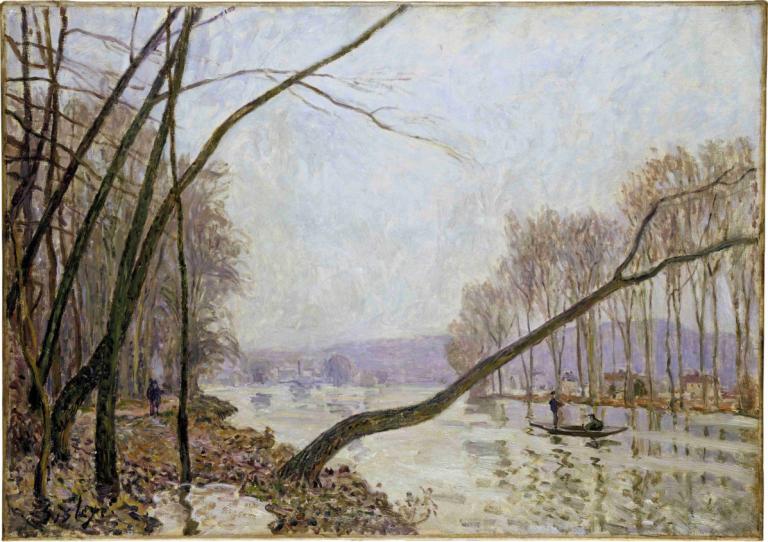 Bank of the Seine in Autumn,Alfred Sisley,Oil Painting,Oil Painting, tree, scenery, outdoors, no humans