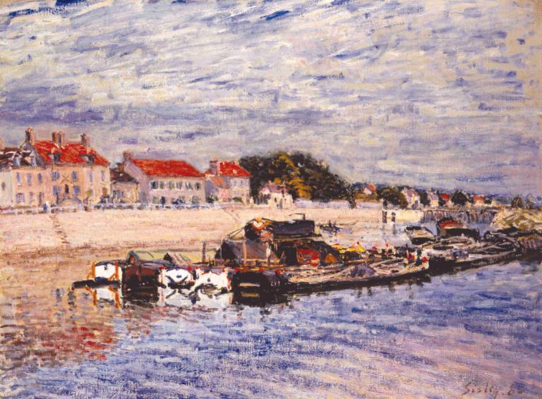 Barges on the Loing at Saint-Mammès,Barcazas en el Loing de Saint-Mammès,Alfred Sisley,Pintura al óleo