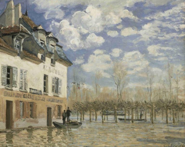 Boat in the Flood at Port Marly,Alfred Sisley,Oil Painting,Oil Painting, cloud, tree, sky, scenery, outdoors