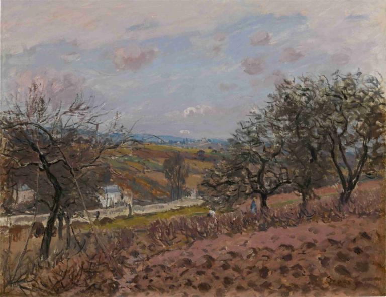 Bougival,Alfred Sisley,Oil Painting,Oil Painting, no humans, scenery, tree, outdoors, traditional media, sky