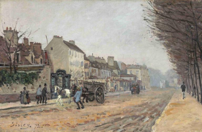 Boulevard Héloïse,Alfred Sisley,Oil Painting,Oil Painting, ground vehicle, tree, outdoors, motor vehicle