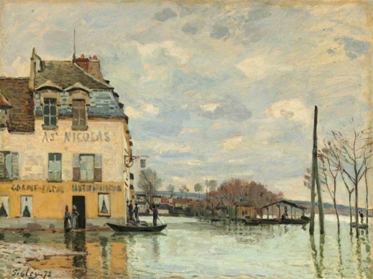 Flood at Port-Marly,Alfred Sisley,Oil Painting,Oil Painting, tree, outdoors, scenery, traditional media