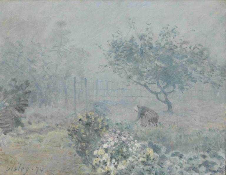 Fog, Voisins,Alfred Sisley,Oil Painting,Oil Painting, tree, no humans, outdoors, flower, traditional media