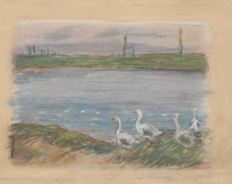 Four Geese By a Pond,Alfred Sisley,Oil Painting,Oil Painting, no humans, bird, grass, outdoors, border, water